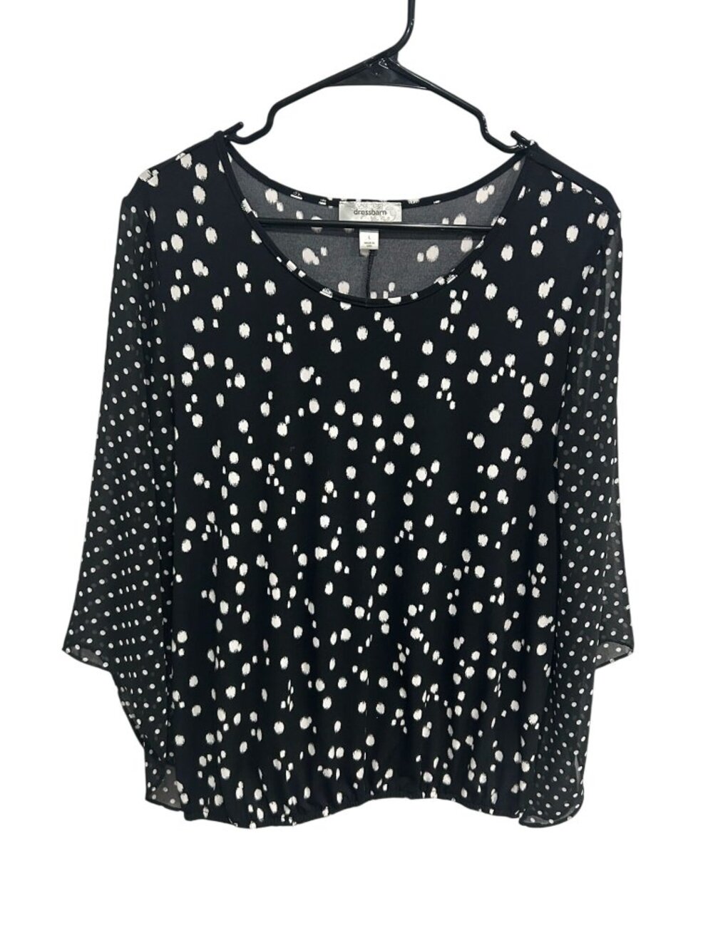 Dressbarn Large Black White Polka Dot Sheer Sleeve Top Retro Classic Parisian